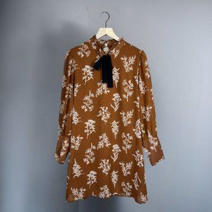 Shein Long Sleeve Auburn White Floral Print & Black Bow Mini Dress Size M